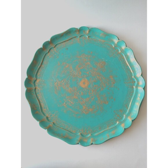 Galway Inc. Other - VTG Galway Inc. Etched Wood 13.5" Turquiose & Gold Decorative Plate Tray